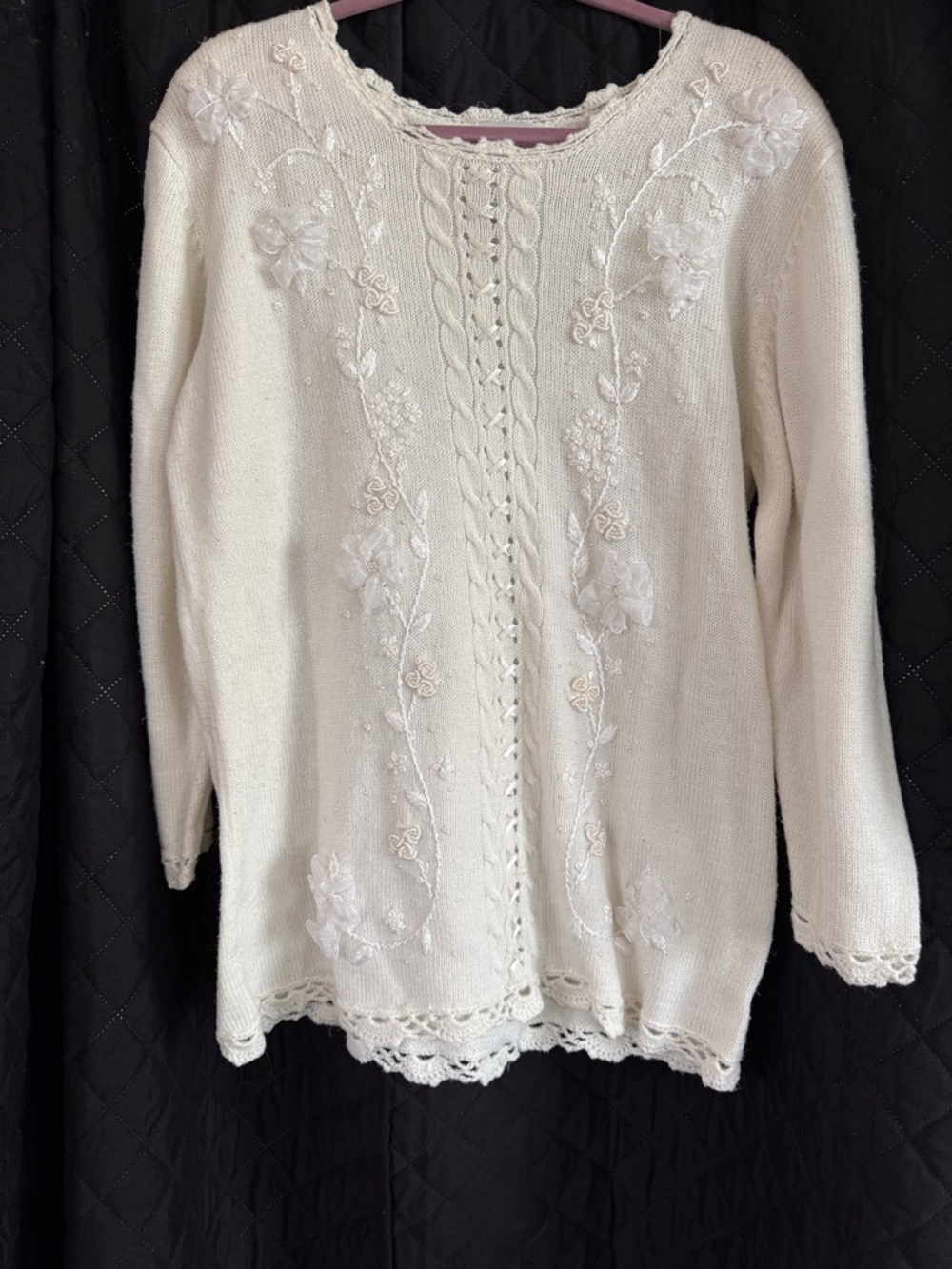 Vintage 80s/90s Koret Ivory Sweater 3D Floral Pearl Bead Embroidery Sz M
